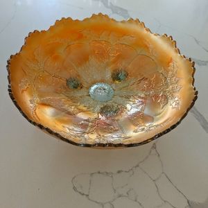 VINTAGE CARNIVAL GLASS BOWL~FENTON~STAG & HOLLY~MARIGOLD~10"~FOOTED